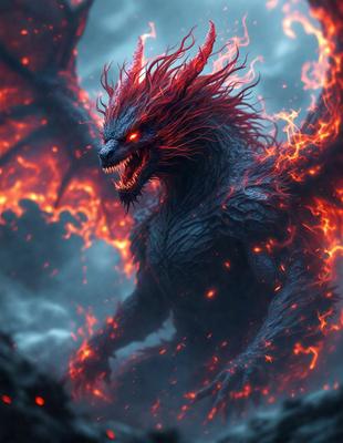 The primary subject of the image is a dragon with a fiery appearance, likely a digital art or illustration. The dragon is standing in front of a fiery background, which adds to its dramatic and intense appearance. The visual style of the image suggests that it is a creative and imaginative representation of the dragon, possibly for a fantasy or mythological setting. The colors and mood of the image are predominantly red and orange, which are associated with fire and heat, further emphasizing the drag